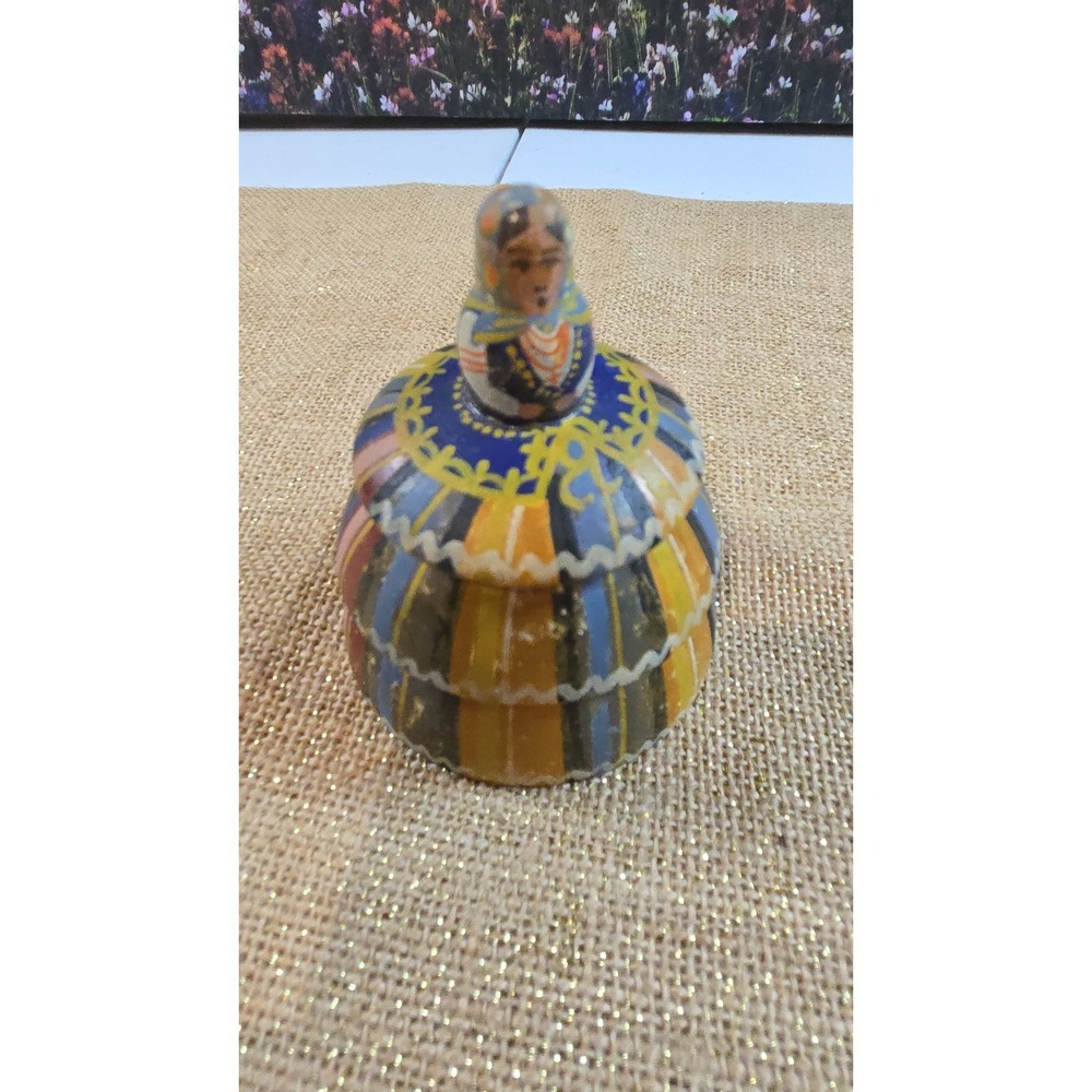 EE-1507. Vintage mid century handmade wooden painted doll trinket box